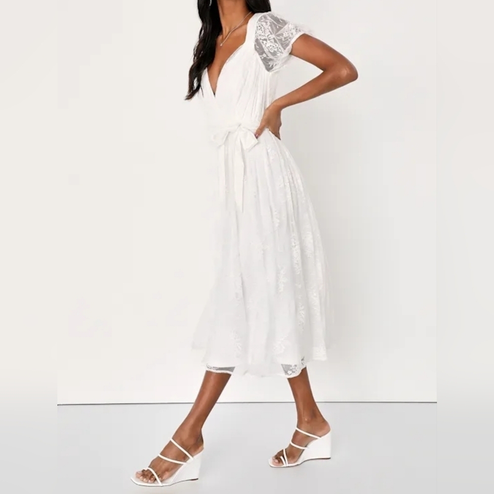Lulus Romantic Prose White Lace Puff Sleeve Backless Midi Skater Dress, Small - Picture 6 of 14